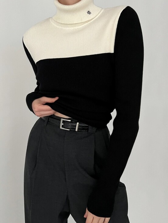 Lauren Ralph Lauren Sweaters - Lauren Ralph Lauren Black Ivory Colorblock Ribbed Turtleneck Sweater Large